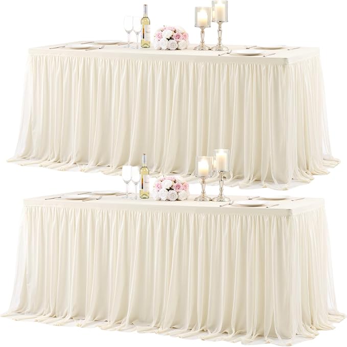 Ivory Fitted Tablecloth Rectangle 6 Foot Stretch Elastic Tulle Ruffle Tablecloths Rectangular Spandex Table Covers 6ft Birthday Baby Shower Party Wedding Table Cloths with Skirt 2Pack