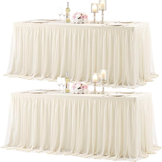 Ivory Fitted Tablecloth Rectangle 8 Foot Stretch Elastic Tulle Ruffle Tablecloths Rectangular Spandex Table Covers 8ft Birthday Baby Shower Party Wedding Table Cloths with Skirt 2Pack