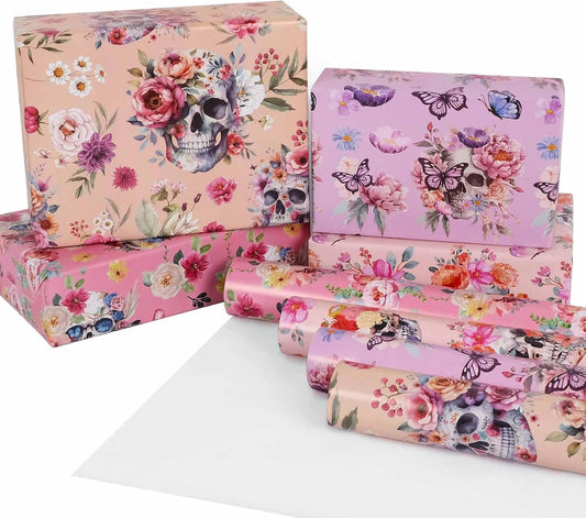 Aimyoo Gothic Wrapping Paper Rolls, 17 Inch X 16.5 Feet - 4 Rolls - Skull Floral Butterfly Design Gift Wrap Paper for Mother's Day, Birthday Bridal Shower