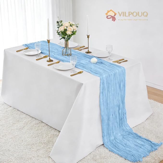 12 Pack Light Blue Cheesecloth Table Runner 21x120 Inches, Boho Gauze Rustic Semi Sheer Cheese Cloth Table Runners for Easter Wedding Bridal Baby Shower, Birthday Party, Long Farmhouse Table Decor