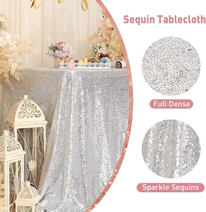 Poise3EHome Silver Sequin Tablecloth 50×80 Inch Rectangle Sparkly Fabric Table Cover Overlay for Birthday Wedding Party Christmas Holiday Baby Shower Cake Table Decoration
