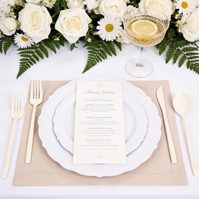 Tinybee 150PCS Ivory Plastic Silverware - Heavy Duty Disposable Silverware, Luxury Ivory Plastic Utensils - Elegant Disposable Utensil Include 50 Knives, 50 Forks, 50 Spoons Perfect for Party&Wedding