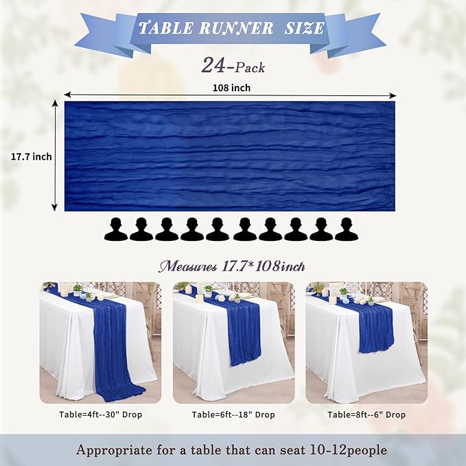 24 Pack Royal Blue Table Runner, Cheesecloth Table Runner Long Romantic Semi Sheer Rustic Boho Gauze Table Runners for Wedding Bridal Shower Birthday Party Decorations(17.7×108 Inch)