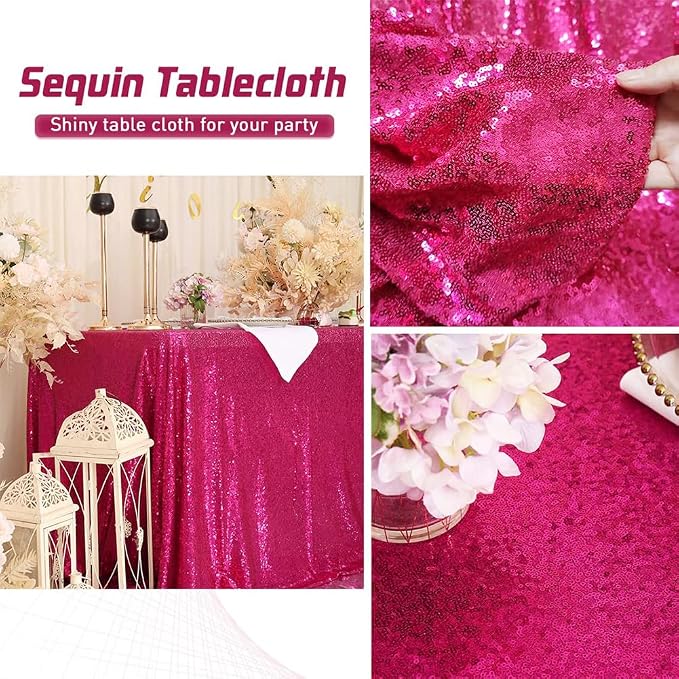 Eternal Beauty Hot Pink Tablecloth, 90x132 Inch Sequin Rectangle Table Cover for Valentines Cake Dessert Exhibition Party Birthday Events