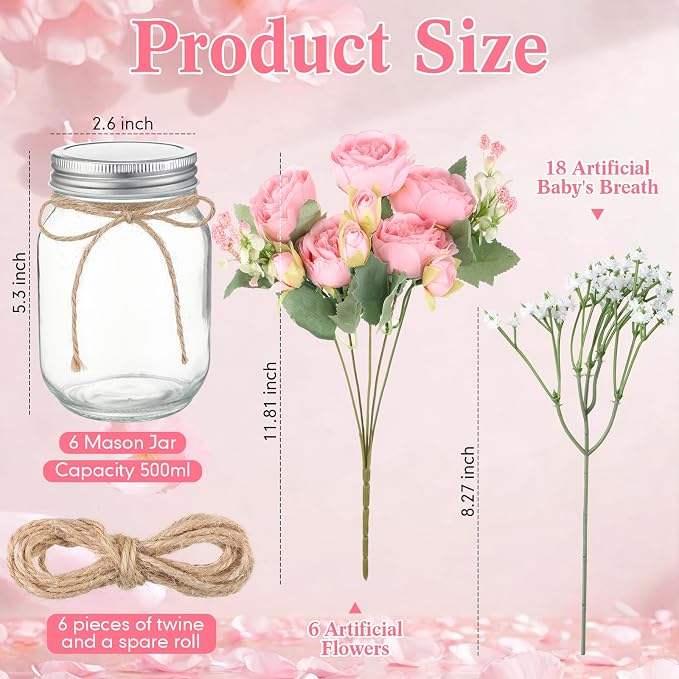 Zeyune 6 Sets Mason Jar Centerpiece Table Decorations, Artificial Peony Baby's Breath Flower Bouquets, Faux Flowers with Vase, Rustic Decor Gifts for Home, Wedding, Holiday (Light Pink)