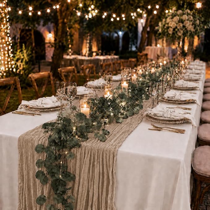Cinrobiye 11pcs Cheesecloth Table Runner Set 120 Inch – Gauze Table Runner with Napkins, Eucalyptus Garland & String Lights for Wedding Baby Shower Table Decor, Rustic Boho