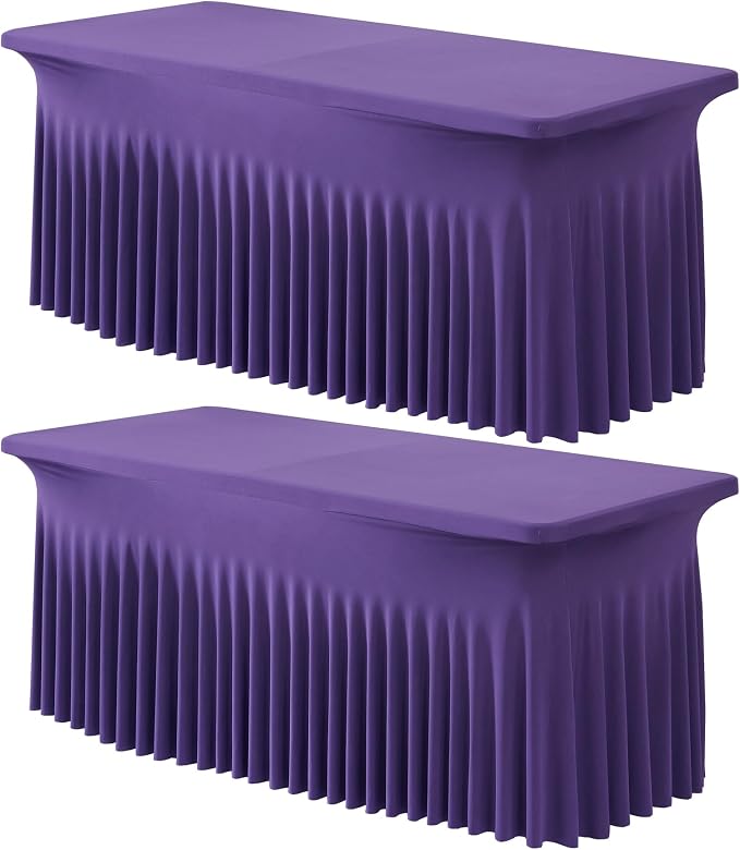 leegleri 2 Pack Purple Spandex Fitted Tablecloths for 6 Foot Rectangle Tables, Purple Stretch Table Cloth with Table Skirt, Wrinkle Free Spandex Table Covers 6ft for Parties, Weddings, Trade Shows