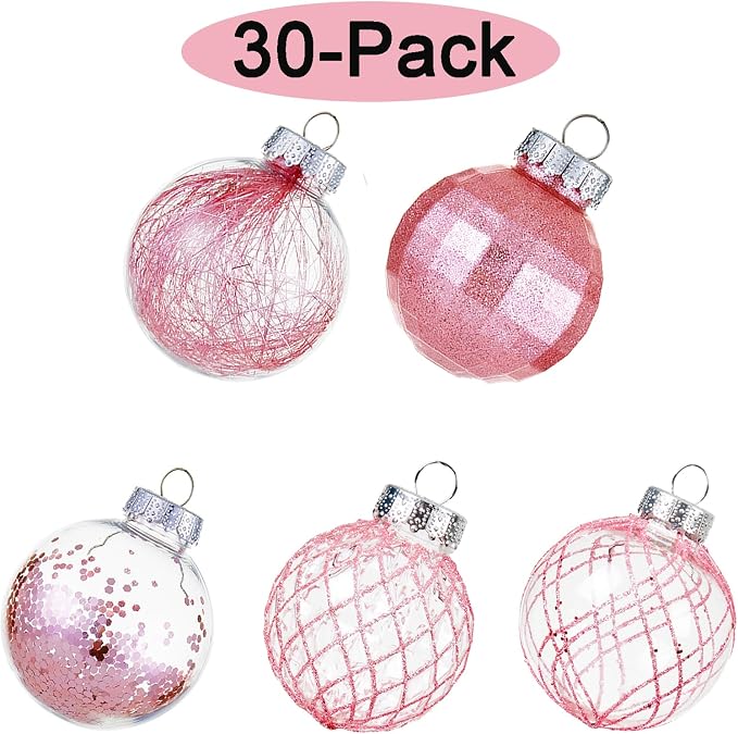 CristBest 30ct Christmas Ball Ornaments-60mm/2.36" Shatterproof Clear Plastic Xmas Balls Baubles Set with Stuffed Delicate Sparkling, Hanging Christmas Tree Decorations(Pink)