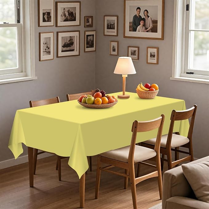 54IN X 320FT Plastic Table Cover Roll with Cutter Box, Cut to Size Plastic Table Cloths for Parties, Birthday, Disposable Tablecloth Roll for All Shape Tables (Light Yellow, 54 Inch X 320 Feet)