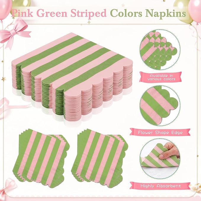 Mimorou 350 Pcs Green and Pink Striped Paper Plates and Napkins for 50 Guests, Striped Disposable Tableware Set Plates Cup Napkins Spoon Fork Knife for Wedding Baby Shower Birthday Party Supplies