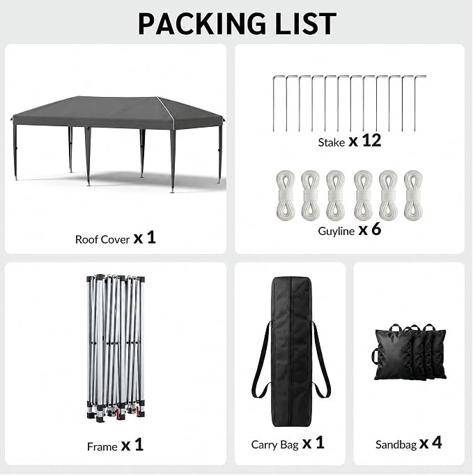 10x20 FT Portable Pop Up Canopy Tent with Sandbags, Adjustable Height Instant Gazebo, Outdoor Canopy for Camping, Parties, Vendor Events (Grey with Reflective Strip, 3m × 6m Without sidewalls)