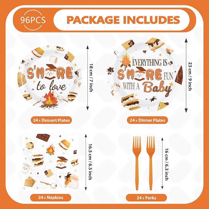 96Pcs S'mores Camping Baby Shower Decorations Everything is S’More Fun with a Baby Plates and Napkins Camping Theme Tableware Set for S’more to Love Kid Camper Campfire Bonfire Party Supplies Serves24
