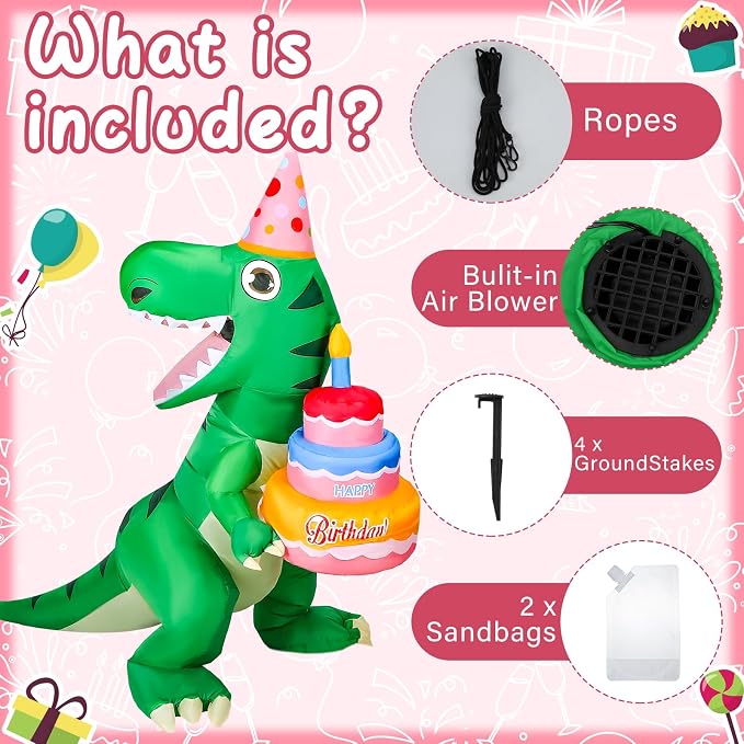 Sosation 6 ft Tall Lighted Birthday Inflatable Green Dinosaur with Cake Blow up Dinosaur Cake Decoration with Build in LED Lights for Birthday Party Outdoor Indoor Yard Lawn Garden