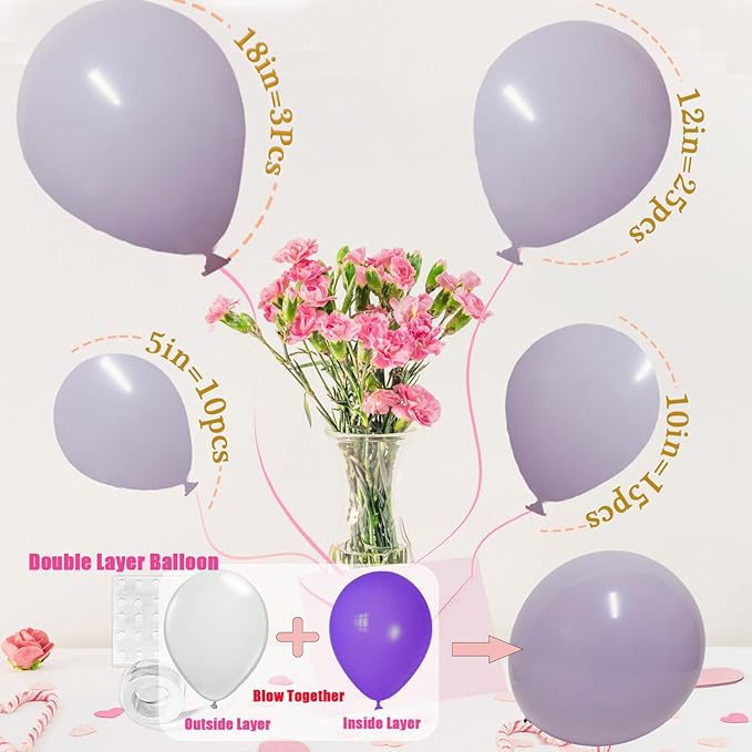Light Purple Balloons Different Sizes, 18 12 10 5 Inch Double Stuffed Pastel Purple Balloons, Macaron Lavender Purples Balloon Arch for Boho Party, Baby Shower, Birthday, Weddings (LightPurple）