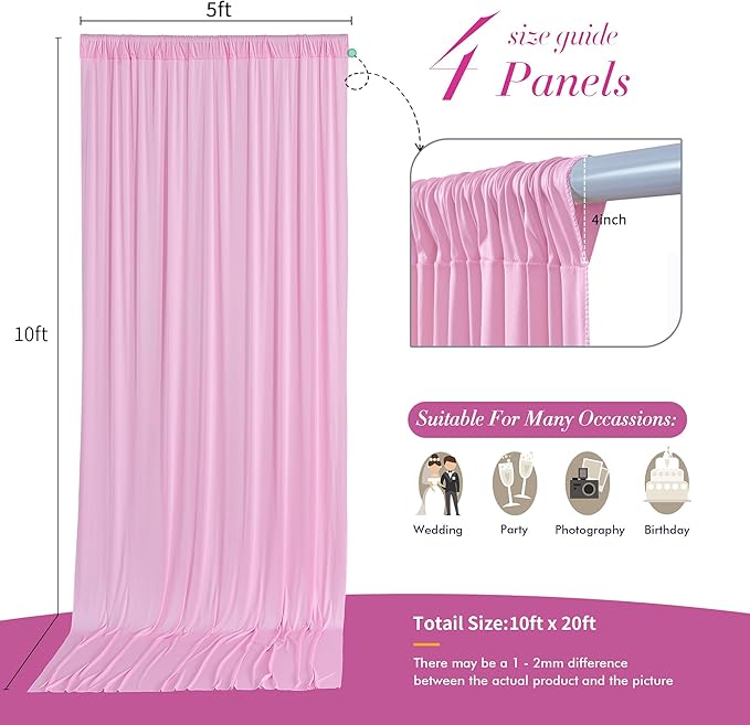 20 ft x 10 ft Wrinkle Free Baby Pink Backdrop Curtain for Parties, 4 Panels 5ftx10ft Polyester Photo Backdrop Drapes for Baby Shower Birthday Party Photography Wedding Backdrop Stand