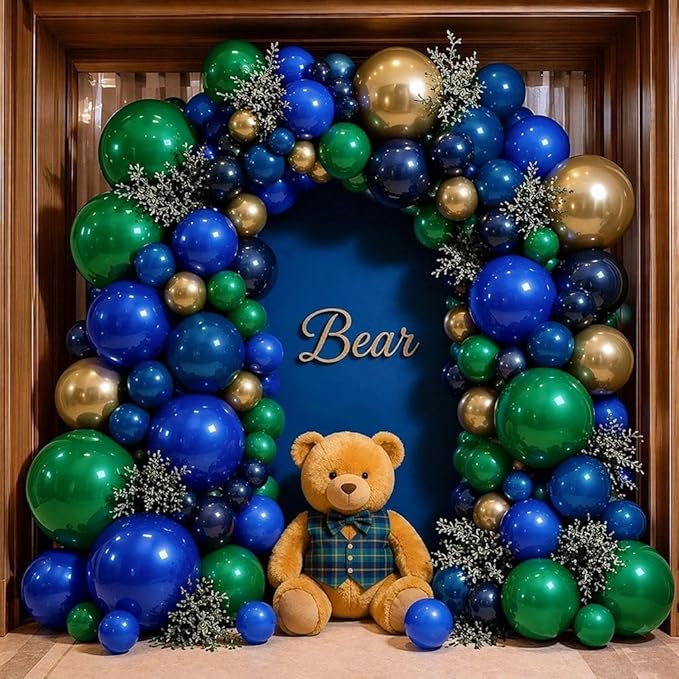 Dark Green Blue Balloon Garland, Double Stuffed Navy Royal Blue Emerald Green Gold Balloon Arch Kit for Birthday Graduation Wedding Anniversary Bear Baby Shower Father‘s Day Party Decoration