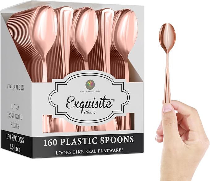 Exquisite Rose Gold Plastic Tea Spoons Heavy Duty 160 Pieces Rose Gold Plastic Silverware Heavy Duty Disposable Silverware Set, Disposable Tea Spoons Eating Utensils Sets Flatware Set For Parties