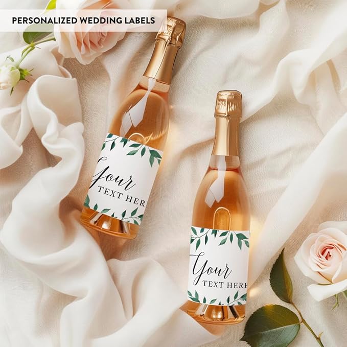 Andaz Press Personalized Wedding Mini Wine Labels for Bottles, Fully, Your Text Here, Greenery Green Leaves 20-Pack Bulk Waterproof Mini Wine Bottle Labels for Champagne Bottle Custom Wedding Favors