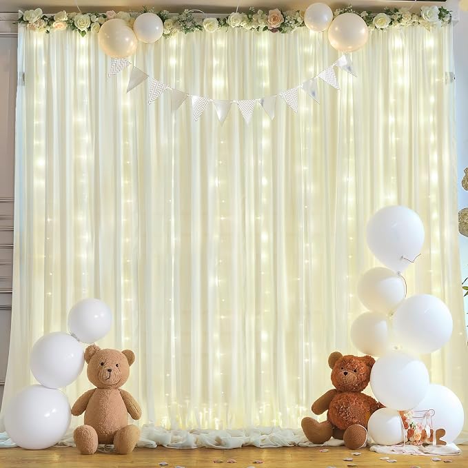 10ft x 10ft Beige Chiffon Backdrop Curtain with Lights String for Parties,2 Panels Sheer Chiffon Curtain Wedding Backdrop with Lights for Baby Shower Birthday Party Ceremony Reception Home Decorations