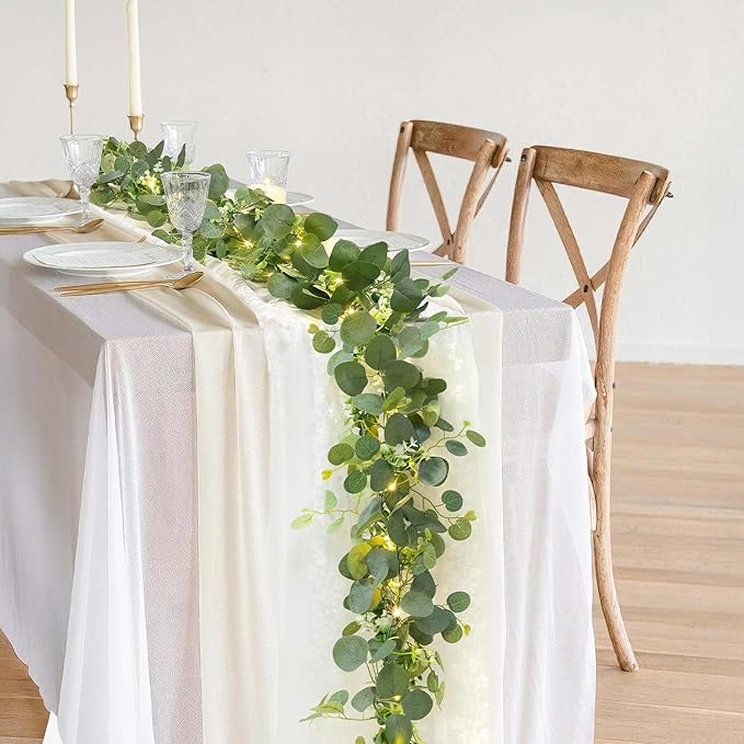 N&T NIETING 1 Pack Artificial Eucalyptus Garland with Lights, 6FT Artificial Greenery Garlands, Battery Operated Twig Vine for Room Stairs Mantle Wedding Holiday Mothers Day Decoration Indoor Outdoor