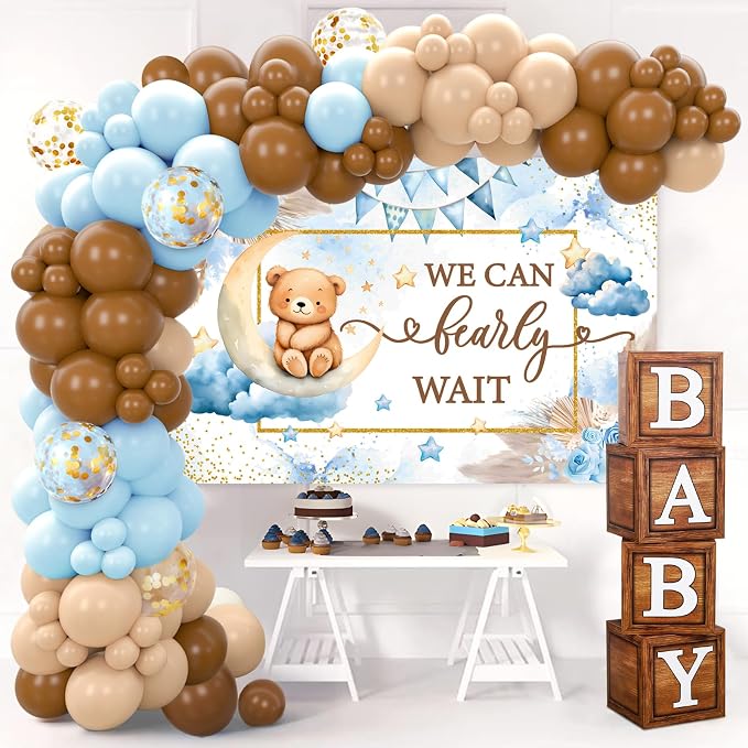 DataMoon We Can Bearly Wait Baby Shower Decorations - Baby Boxes with Letters,Boho Balloons,We Can Bearly Wait Backdrop for Teddy Bear Baby Shower,Birthday Supplies,Gender Reveal Party Supplies