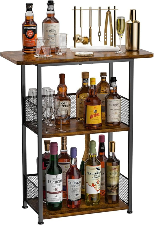 Eyteenokk Floor Standing Freestanding Whiskey Rack: 3 Tier Wine Rack Mini Bar Table Corner Wine Bottle Display Stand Liquor Cabinet Bar, for Bottles,Cocktail Shaker,Mugs