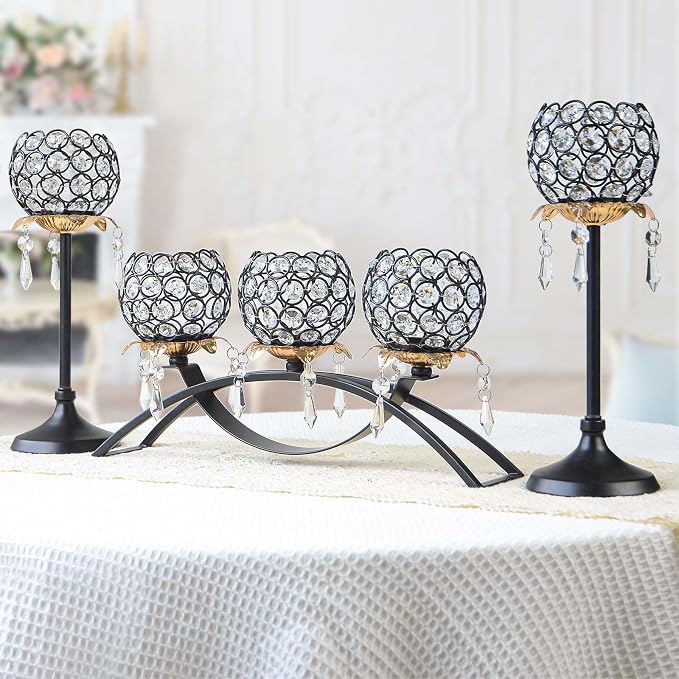 Set of 3 Crystal Tea Light Candlestick Holders Flower Shape with Crystal Pendant Bowl Votive Metal Candle Holder for Table Centerpieces Wedding Home Decor (Black+Gold)