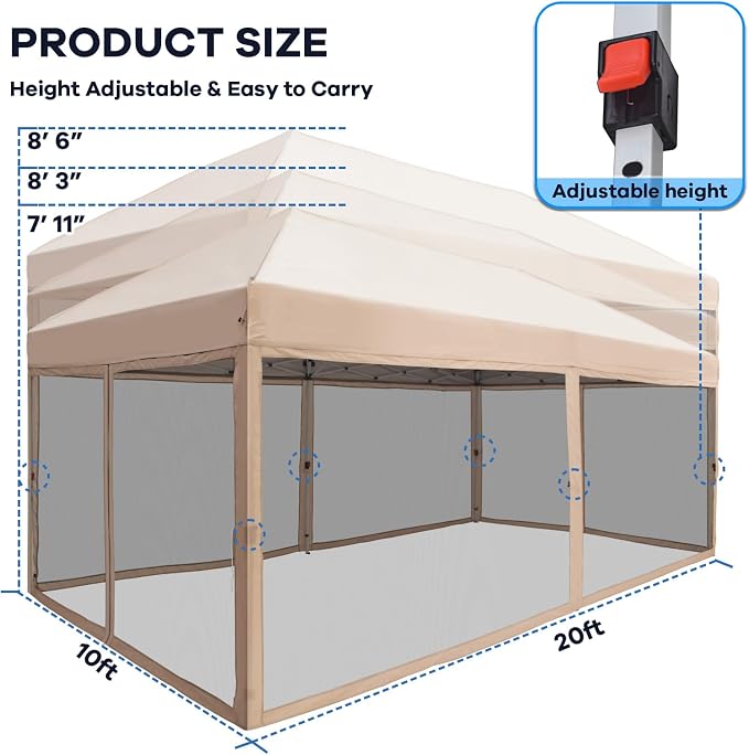 10x20 Pop Up Canopy Tent with Mosquito Netting, Ez Up Portable Waterproof Instant Outdoor Screen Shelter, Pop Up Tent for Patio, Backyard, Parties, Camping and Events, Beige