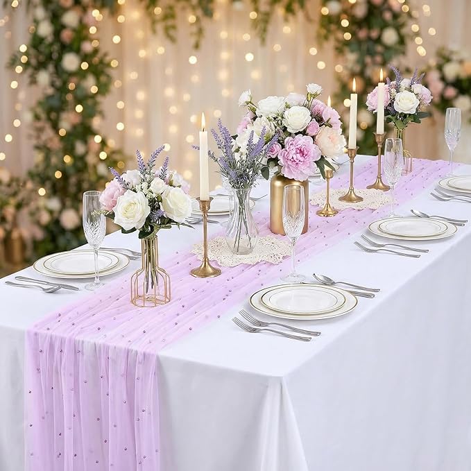 LuoluoHouse Pearl Tulle Table Runner Fabric: 10ft Wedding Veil Seasonal Dessert Light Purple Chiffon Pearl Lace Boho Overlay Wedding Aisle Runner Party Decorations Doilies