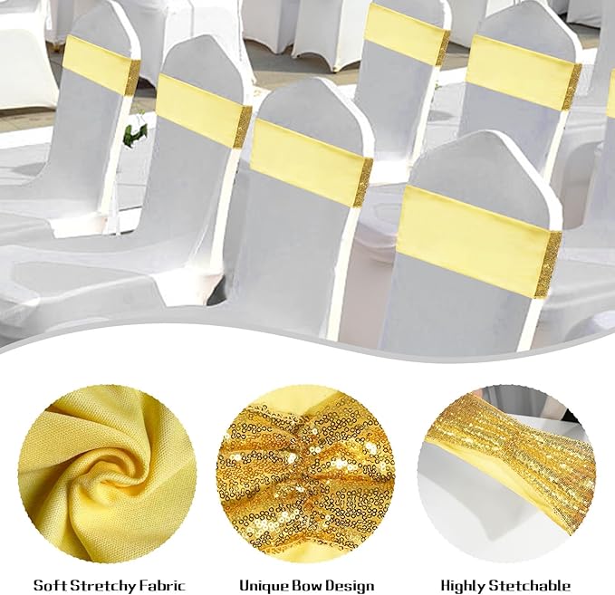 SquarePie Pack of 100 Chair Sashes Bands Gold Stretch Spandex One-Sided Sequin Chair Sashes Bows for Wedding Party Fiesta Decor