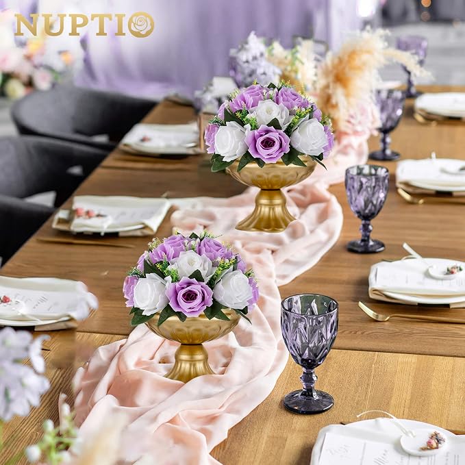 NUPTIO Flower Wedding Centrepieces for Tables - 10 Pcs 9.5in Diameter Lilac & White Artificial Flowers Rose Ball for Centerpieces Table - Fake Rose Arrangements for Weddings Birthday Party Decor | 10 Pcs Fake Silk Floral Arrangement for Women, for Wedd...