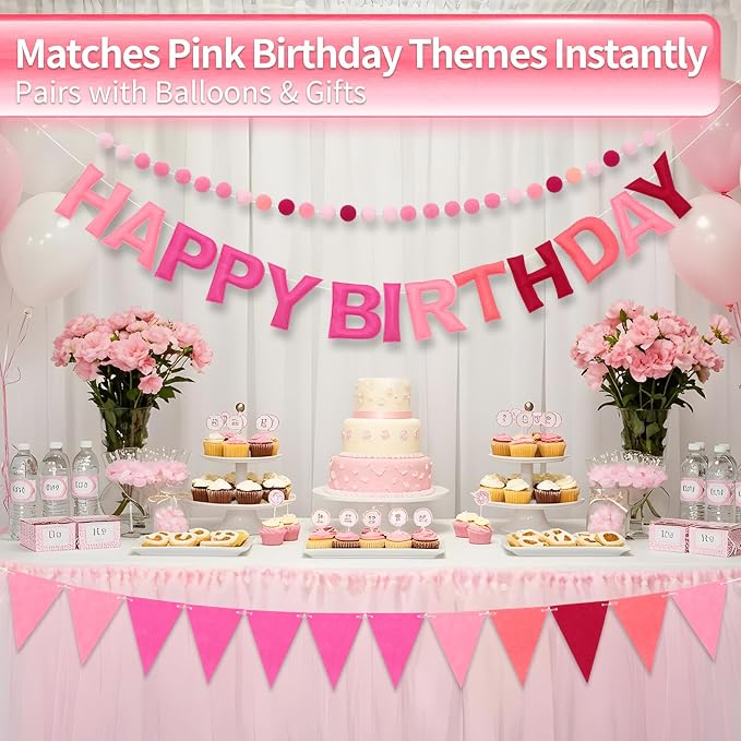 Pre-Strung Happy Birthday Banner & Felt Garland Set - Ombre Pink Birthday Decorations for Women Girls | Reusable Party Supplies for Indoor & Outdoor
