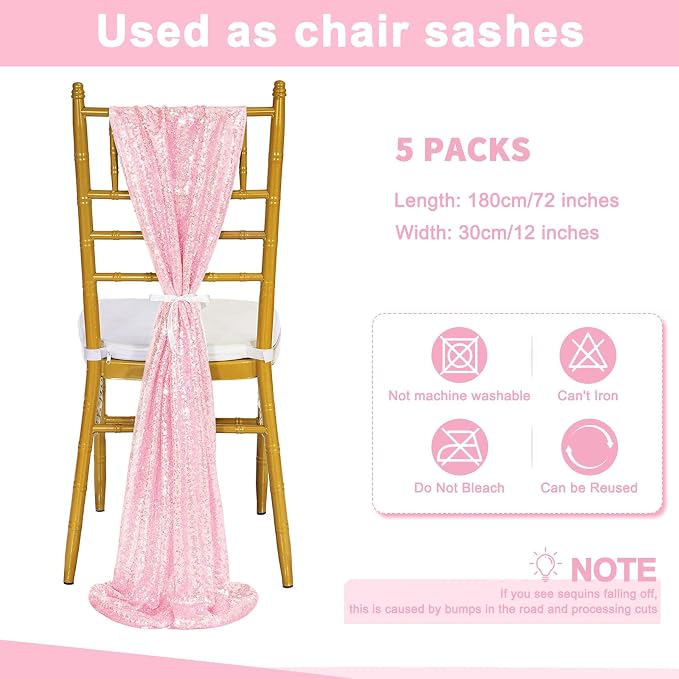 Sequin Table Runners 5 Pieces Pink Table Runners 12x72 Inch Glitter Dining Table Cover for Party Wedding Birthday Reception Banquet Decoration Spring Valentine Party Chair Sashes