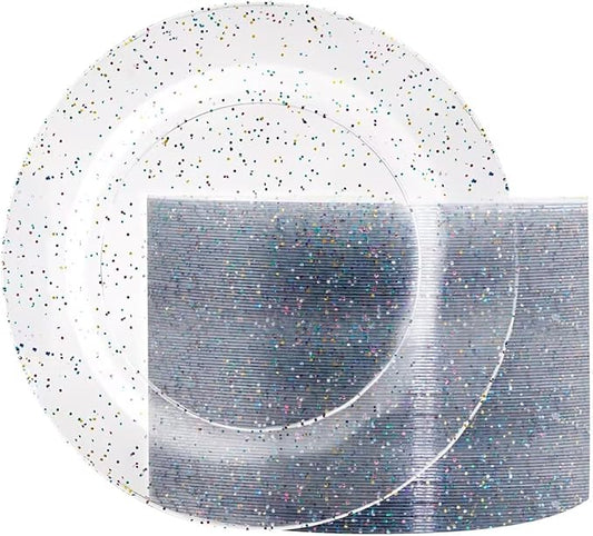 Liacere 100Pieces Colored Glitter Plastic Plates- Clear- Dessert Plates -7.5inch Glitter Plastic Dinner Plate Perfect for Wedding & Party & Birthday & Christmas & New Year