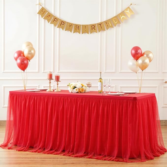 Suppromo 6 Pack 8ft Red Tulle Tablecloths for Rectangle Tables 8 Foot Red Rectangular Table Cloth Wrinkle Free Tablecover with Tutu Skirt for Baby Shower Wedding Birthday Party Banquet Buffet Cake