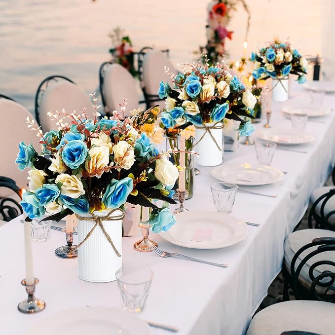 Domensi 12 Sets Wedding Centerpiece for Table Artificial Rose with Vase Fake Bouquets and Metal Pot Flower Arrangements for Bridal Shower Birthday Party Event Table Decor (Teal)