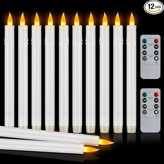 wemarry 12 Pcs Flickering Flameless Taper Candles, 10" Fake Taper Candles Battery Operated with Timer, Long Lasting-White Electric Led Candlesticks for Xmas Halloween Wedding Home Décor