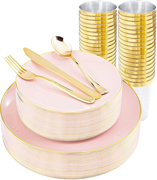 LIYH 180 Pcs Pink Plastic Plates - Disposable Dinnerware Set, Pink Dinner Plate Dessert Plate,Gold Plastic Silverware Cups for Weddings,Birthday Party 30 Guests