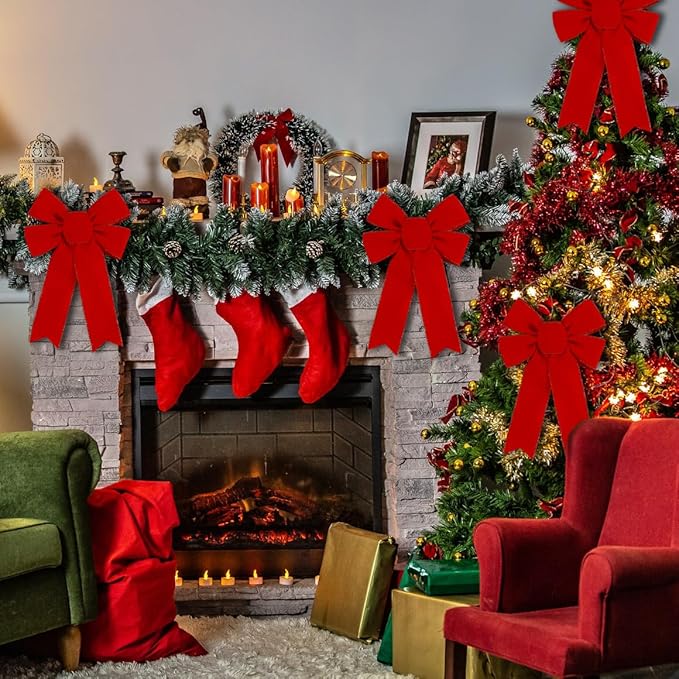 Hongsome 10 Pack Red Bows Christmas Tree Decorations,9”x13”Large Velvet Ornament Bow with Glitter Gold Edge for Xmas Home Wreath Fence Stairs Railing Fireplace Indoor Outdoor Front Door Decor