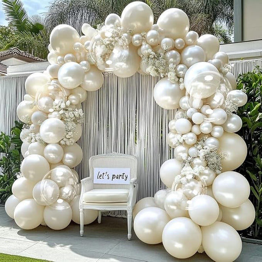 Pearl Sand White Balloon Arch Double Stuffed White Ivory Cream Beige Balloon Garland Kit Different Sizes 12/10/5in With Clear Bobo Balloons for Birthday Wedding Bridal Baby Shower Baptism Party Decor