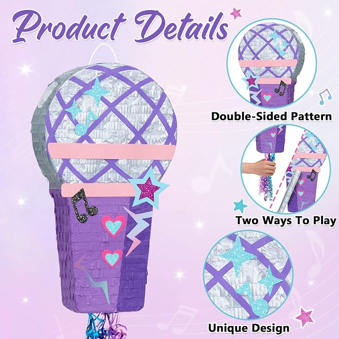 WERNNSAI Microphone Piñata - Purple Pink Pull String Piñata, Stick and Blindfold, Girl Party Game Supplies for Birthday, Kpop Party, Carnivals Games Decor (16.5"x9.1"x3")