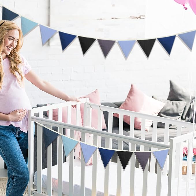 Oudain 2 Pcs Pennant Banner Flags Nursery Garland Triangle Bunting Flags Playroom Wall Decor Banner for Nursery Baby Shower Birthday Boho Wedding Party Event, Each 7.75 ft(Blue Color)