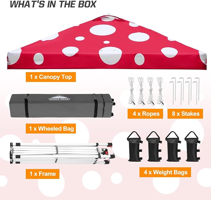 EAGLE PEAK Pop Up Canopy Tent with Wheeled Carry Bag, 8 Stakes, 4 Ropes, 4 Weight Bags, Easy Set Up Tent Canopy, 10x10 ft, 100sqft of Shade, Red Mushroom