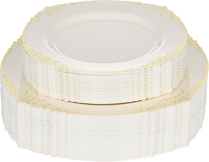 Bestluck 100 PCS Ivory and Gold Plastic Plates for 50 Guests, Gold Disposable Plates Include 50 PCS Dinner Plates, 50 PCS Dessert Plates for Party, Wedding and Graduation (100, Ivory White)