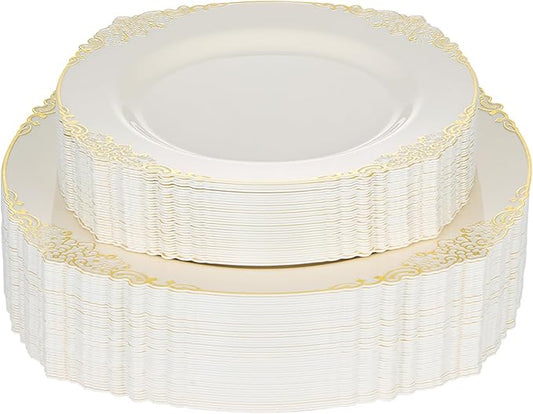 Bestluck 100 PCS Ivory and Gold Plastic Plates for 50 Guests, Gold Disposable Plates Include 50 PCS Dinner Plates, 50 PCS Dessert Plates for Party, Wedding and Graduation (100, Ivory White)