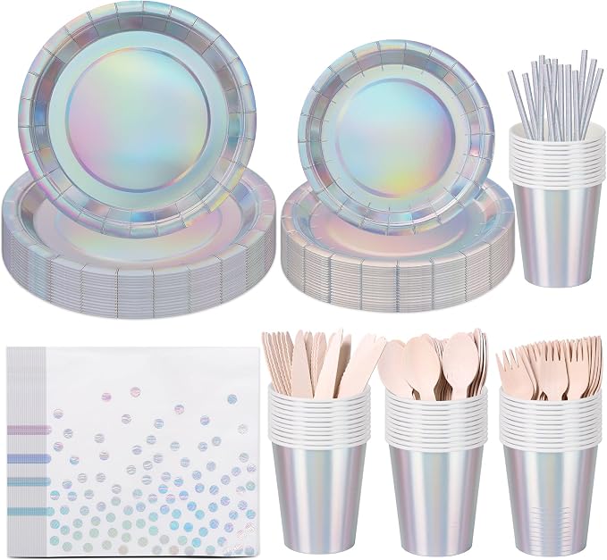 200PCS Iridescent Party Decorations Supplies, Paper Plates and Napkins Set, Iridescent Party Tableware Set for Mermaid Unicorn Birthday Wedding Party, Serve for 25 (Iridescent Set)