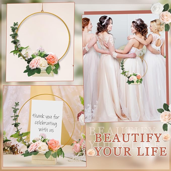 FoldTier 24 Pcs 14 Inches Metal Floral Hoop Centerpiece with Stand for Tables - Includes Gold Wreath Rings and Wooden Stands for DIY Wedding Baby Shower Communion Baptism Birthday Party Decoration