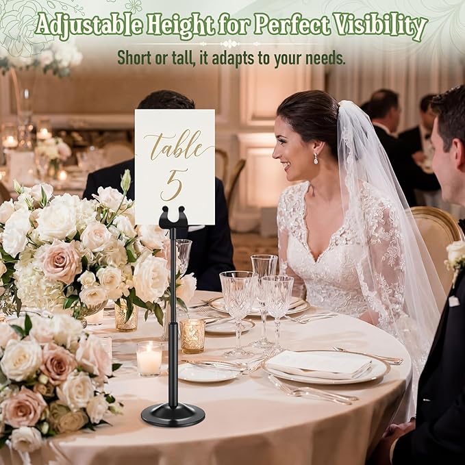 Kathfly Black 12 Set Table Number Holders Adjustable Metal Place Card Holders Harp-clip Tabletop Sign Stands Detachable Card Holder for Weddings Birthday Restaurants Table Decor (4.9-7.3 Inch)