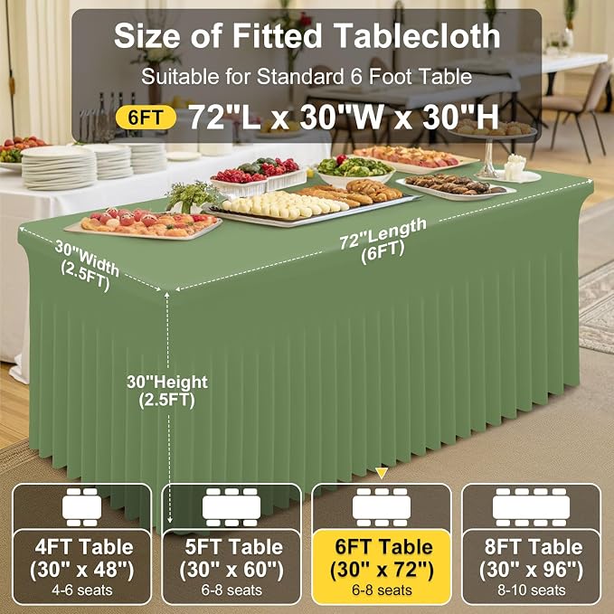 Smiry Spandex Tablecloth 2 Pack, Elastic Fitted Stretch Tablecloth for 6FT Rectangle Tables, Waterproof Washable Table Cover Skirt for Wedding, Banquet & Parties (Sage Green, 72Lx30Wx30H Inch)