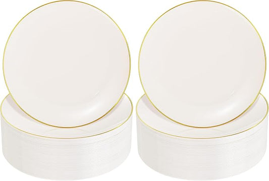 Nervure 100Pcs Ivory and Gold Plastic Plates - 10.25inch Disposable Ivory Dinner Plates - Heavy Duty Plastic Plate Ideal for Wedding & Party (Pack of 2)